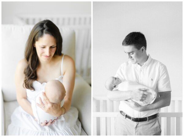 Mom and dad with their newborn baby during an in-home newborn session in NJ.