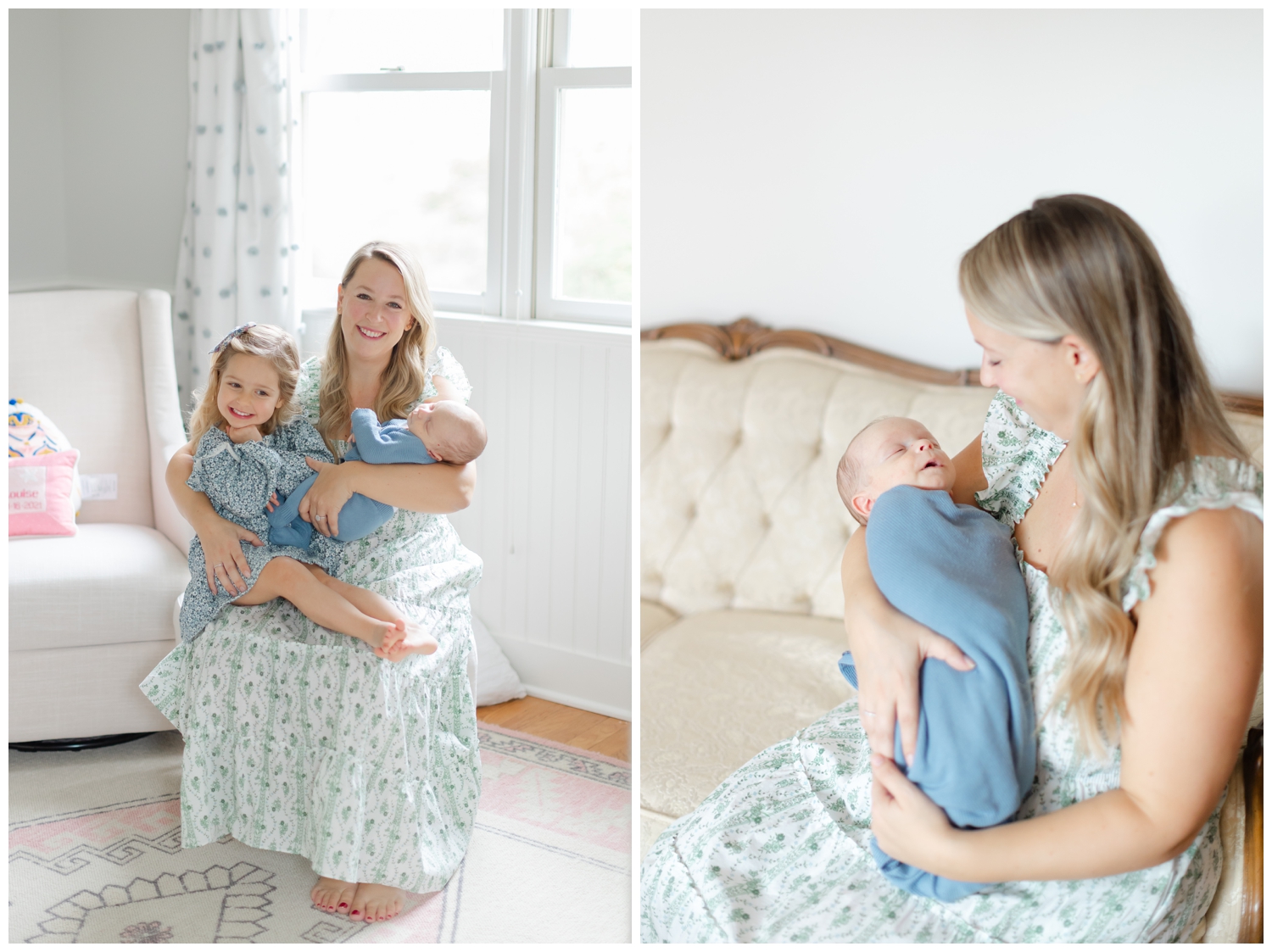 Mom holding daughter and newborn son.