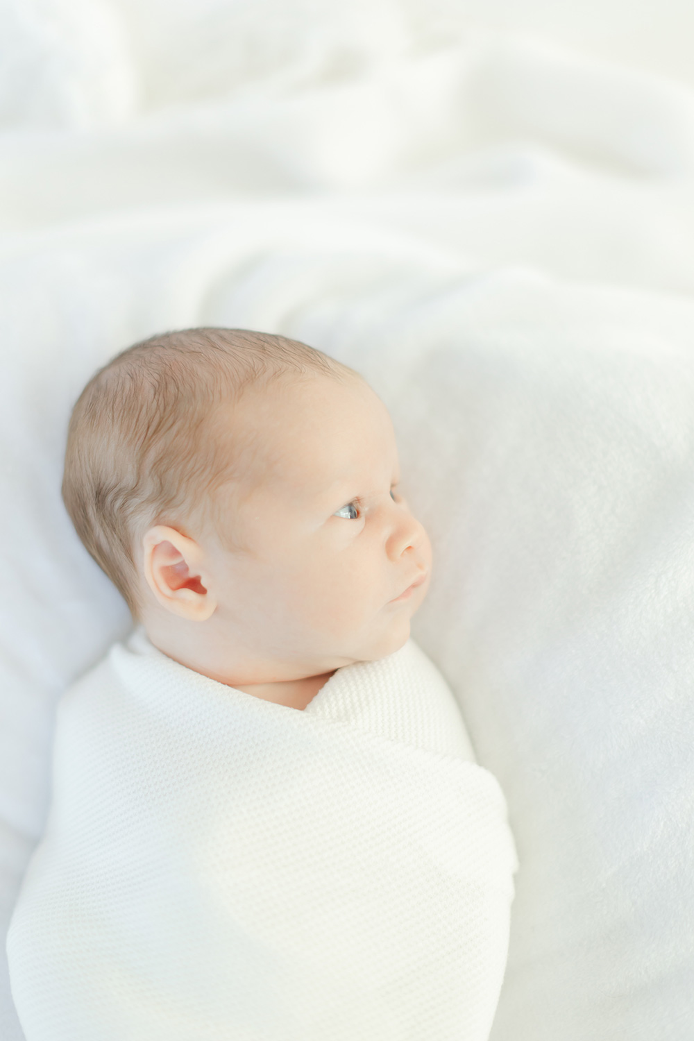 Newborn baby swaddled on a pillow.