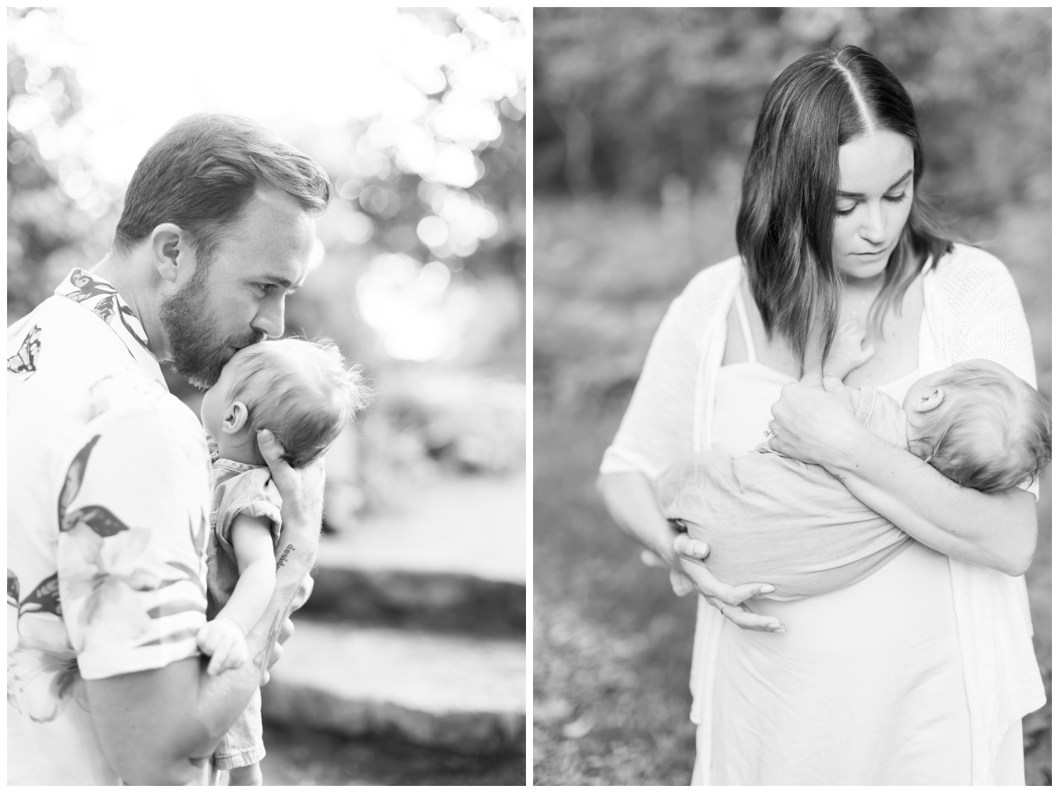 Mom and dad with their newborn son at Cross Estate Gardens.