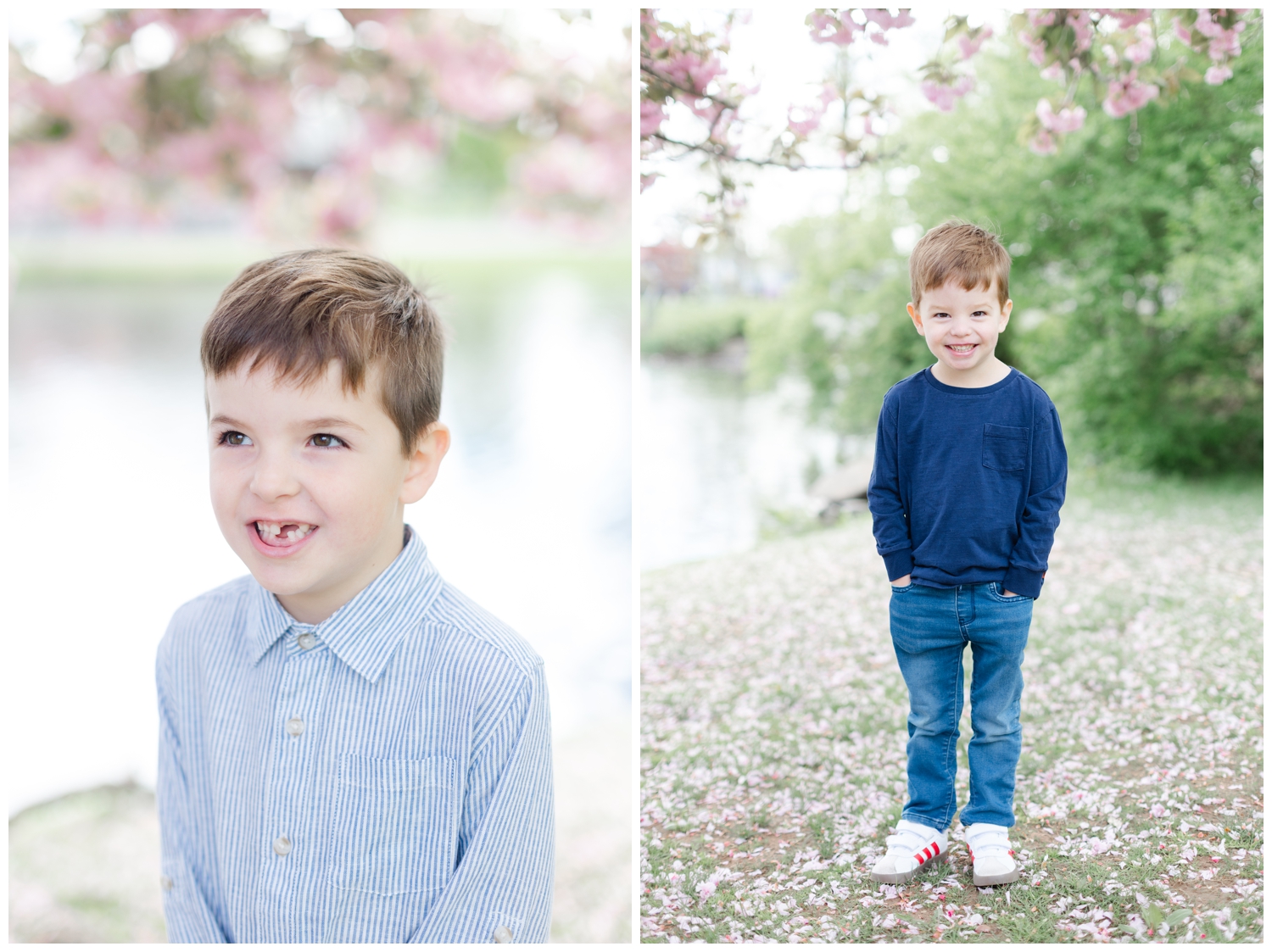 Two young boys in front of cherry blossoms at Taylor Park in Millburn, NJ.