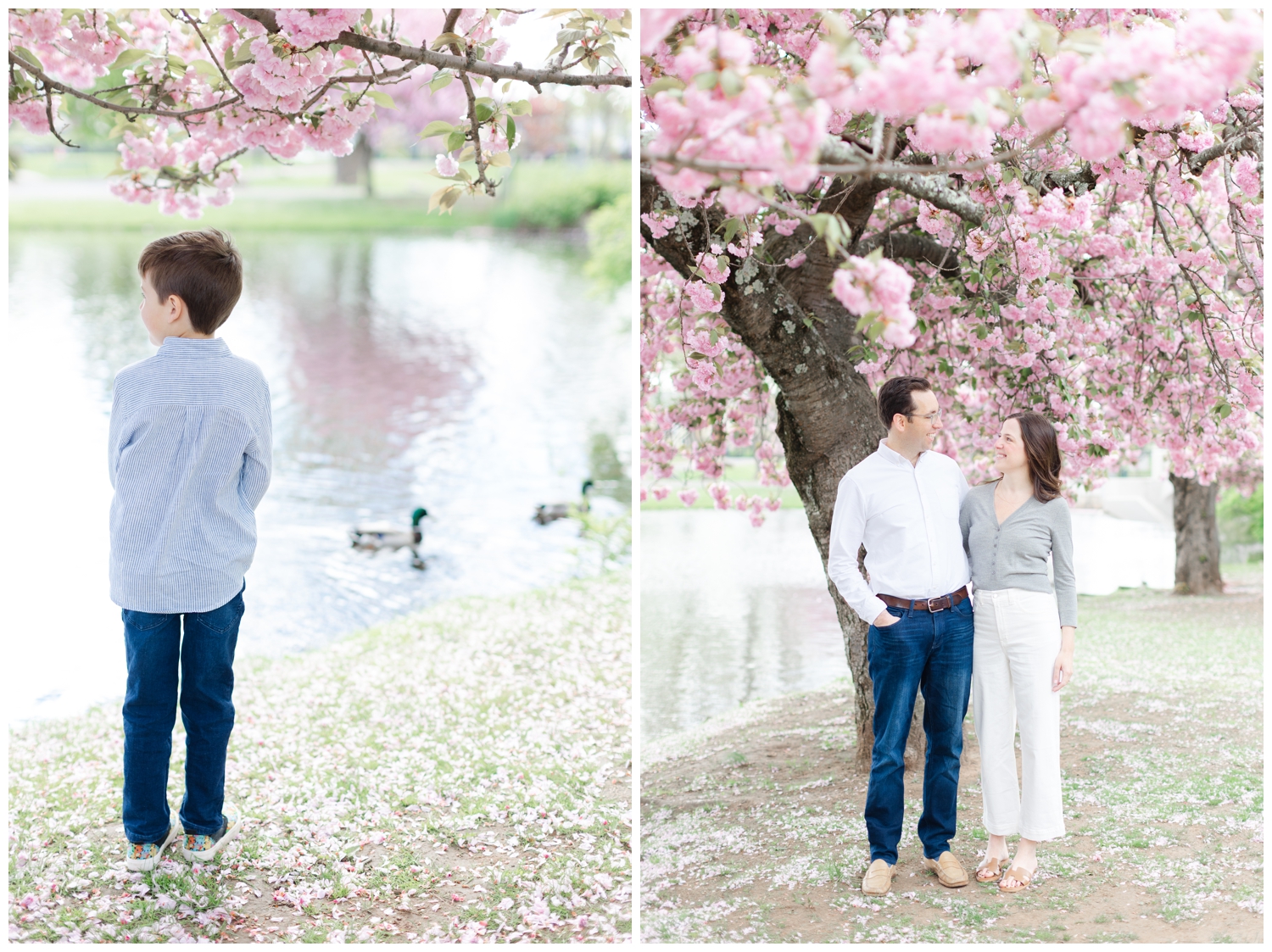 Mom, dad, and son in front of cherry blossoms at Taylor Park in Millburn, NJ.