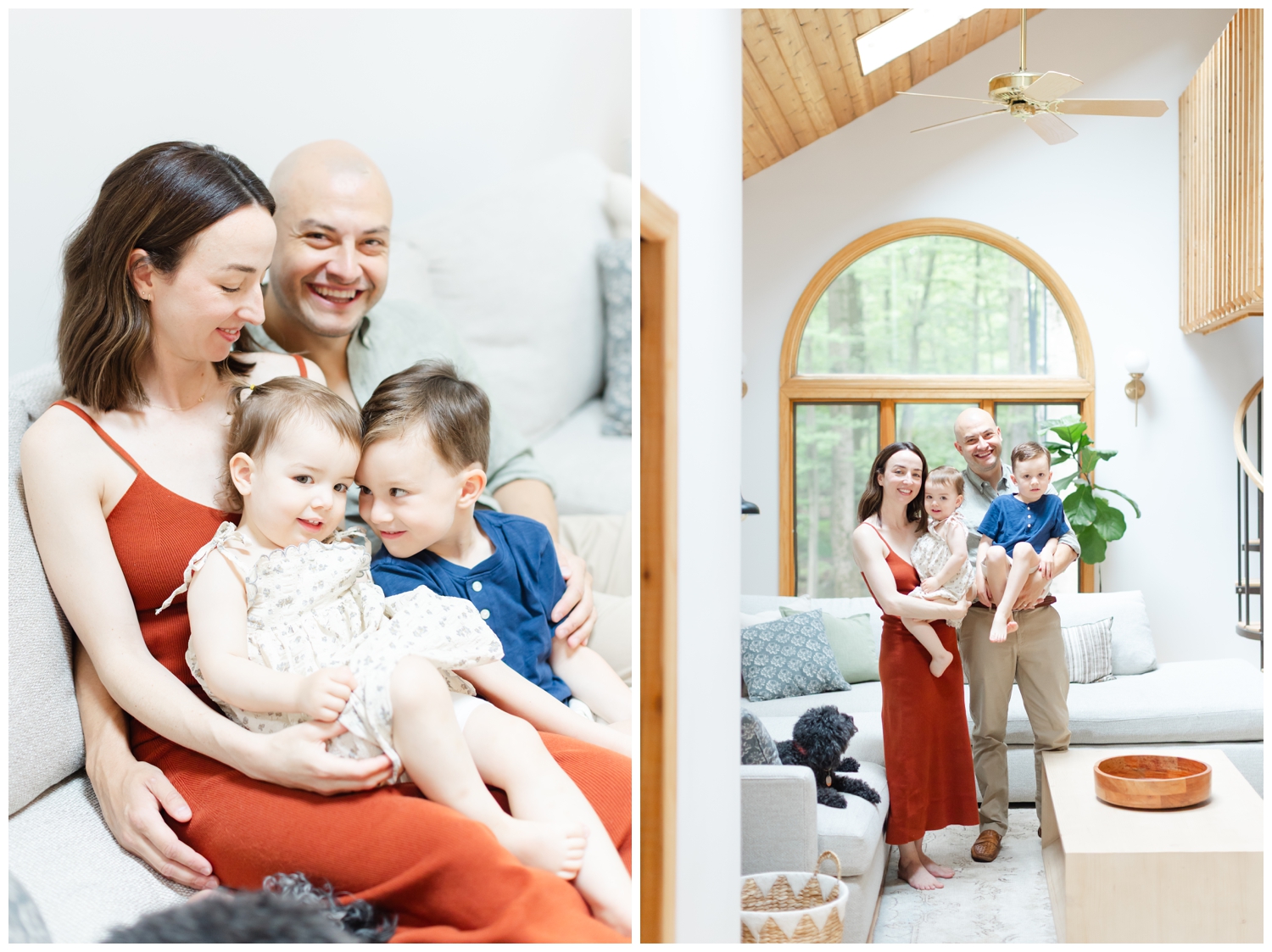 Mom and dad with their young son and daughter in their Tewksbury NJ home.
