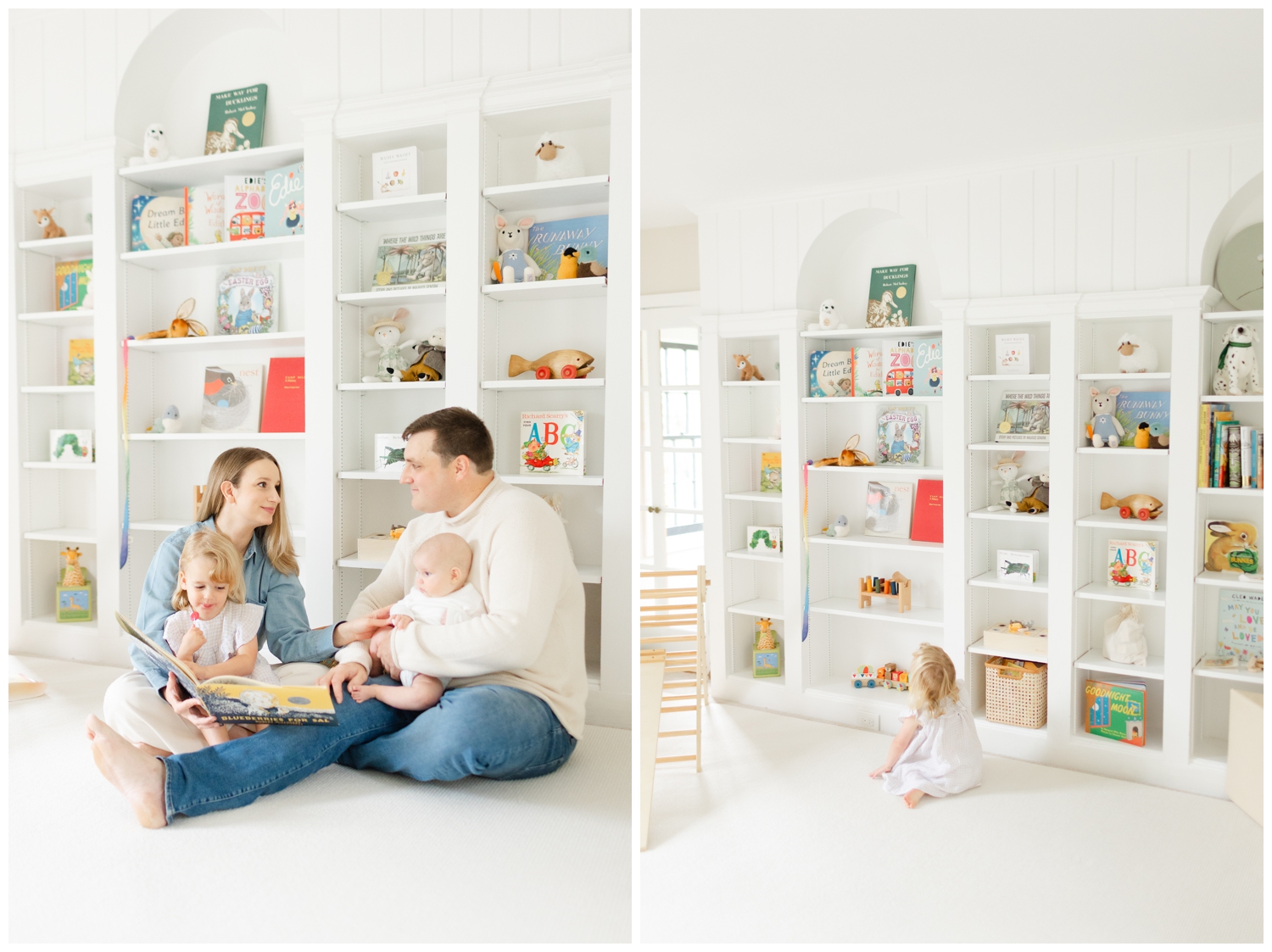 Parents cuddling with their children during an in-home family session in Montclair NJ.