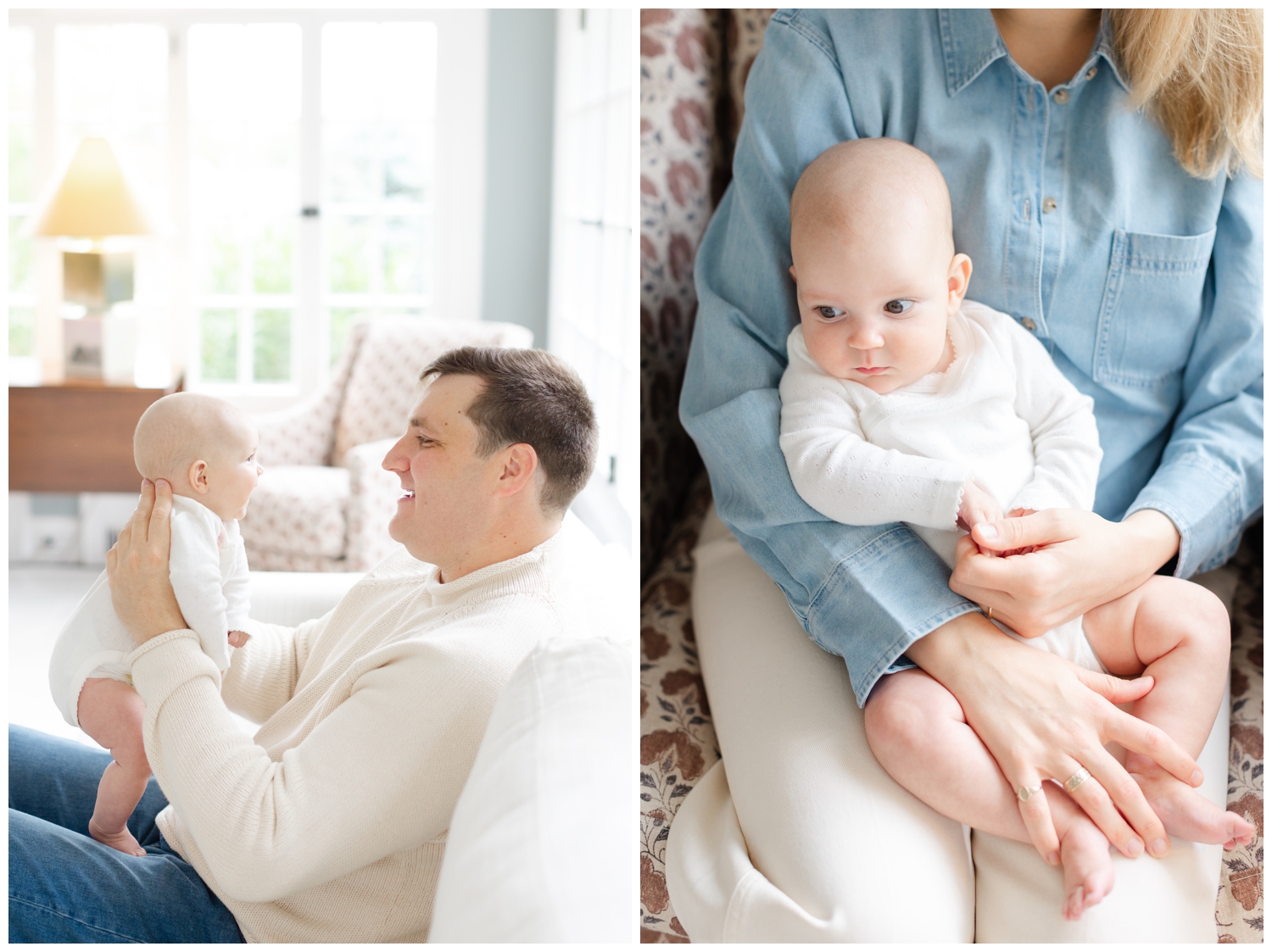 Mom and dad with baby girl during in home family session in NJ.