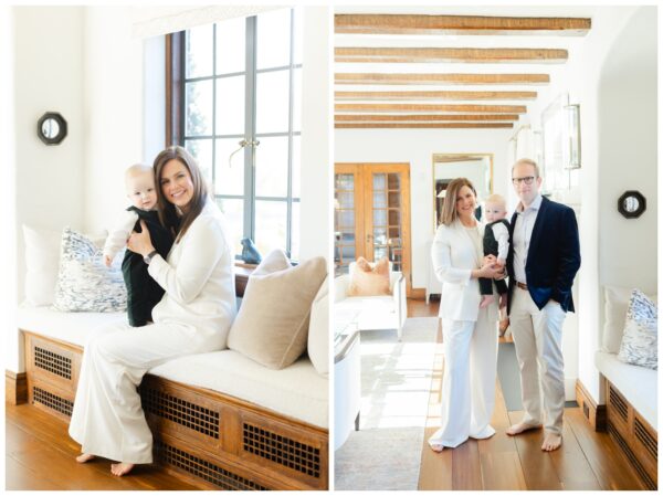 Mom and dad smiling with their baby boy during their family portraits in Summit New Jersey.